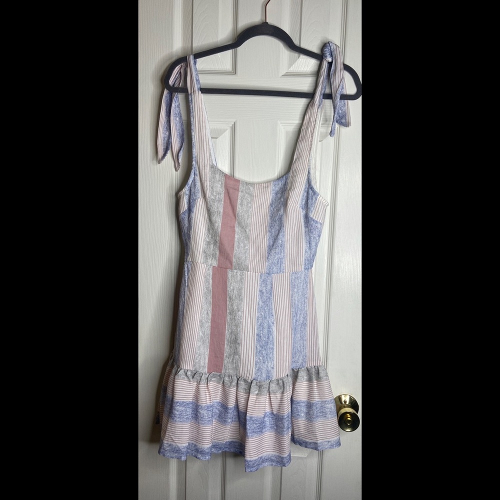 Selfie Leslie Tie Shoulder Striped Mini Dress Pink Blue Gray Size Small